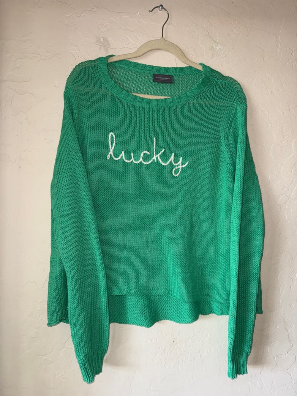Wooden ships knits lucky embroidered green sweater size s/m